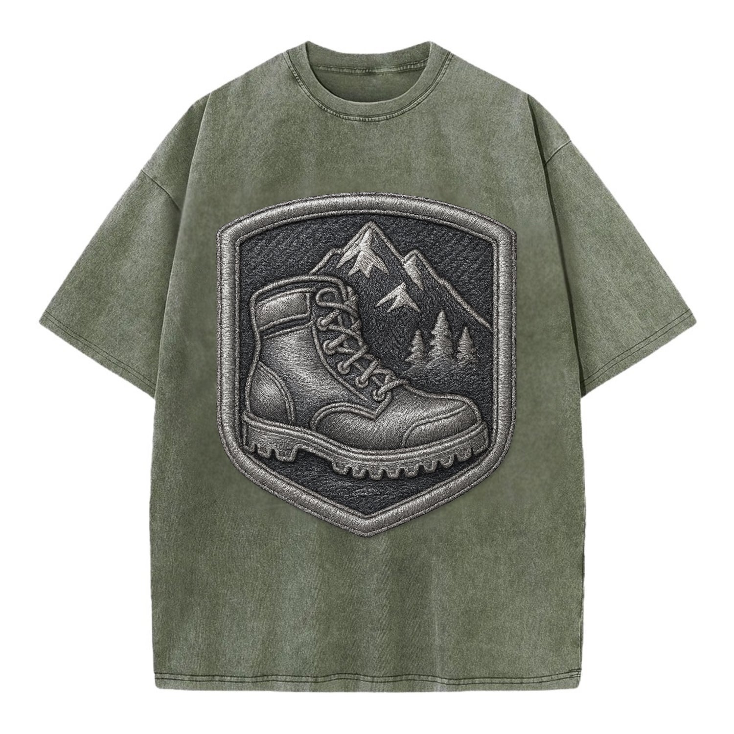 Hiking boots with mountain peak - hiker pride - Vintage T-shirt - Army Green