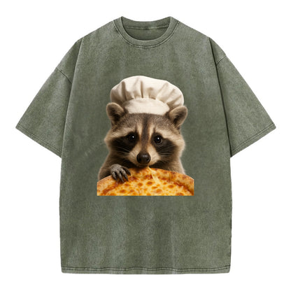 Pizza Dad Raccoon  - Vintage T-shirt - Army Green