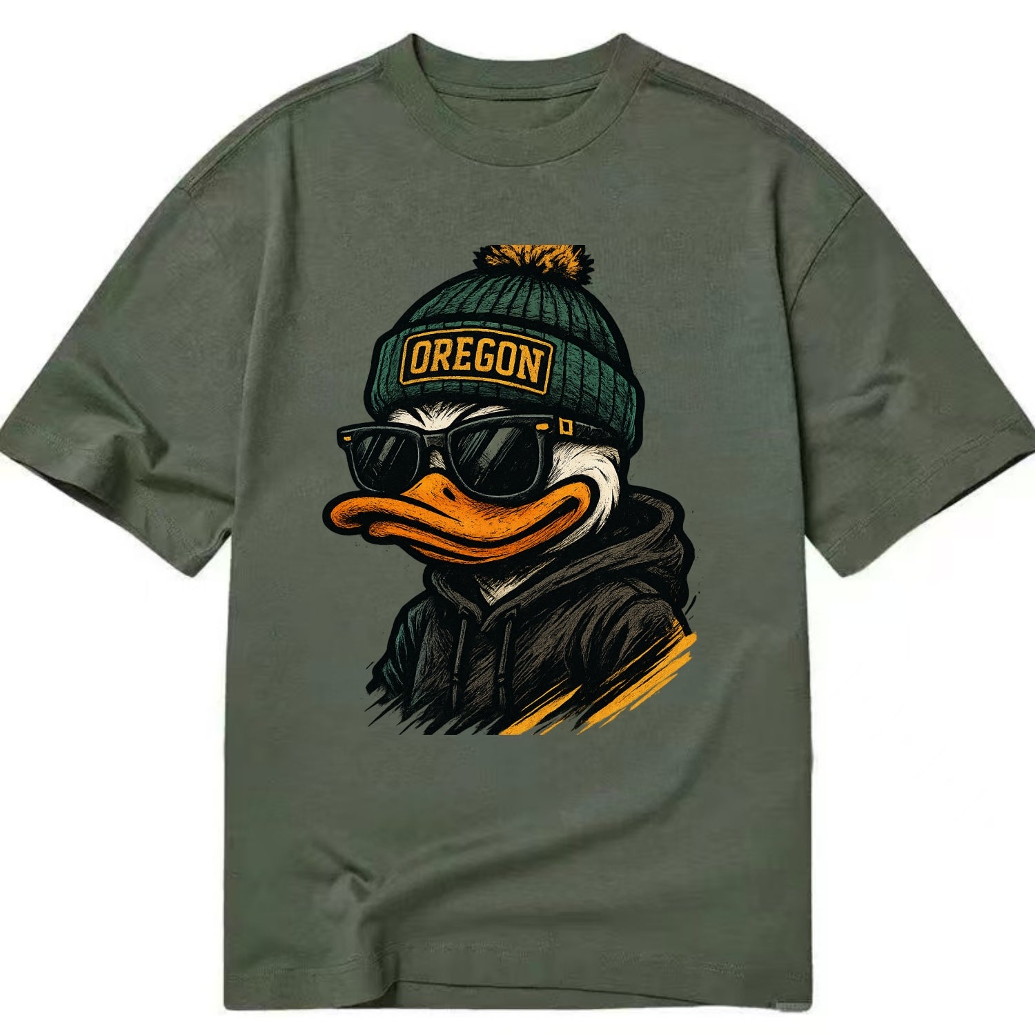 Eugene Duck wearing Oregon beanie with O patch - Classic T-shirt - Army Green