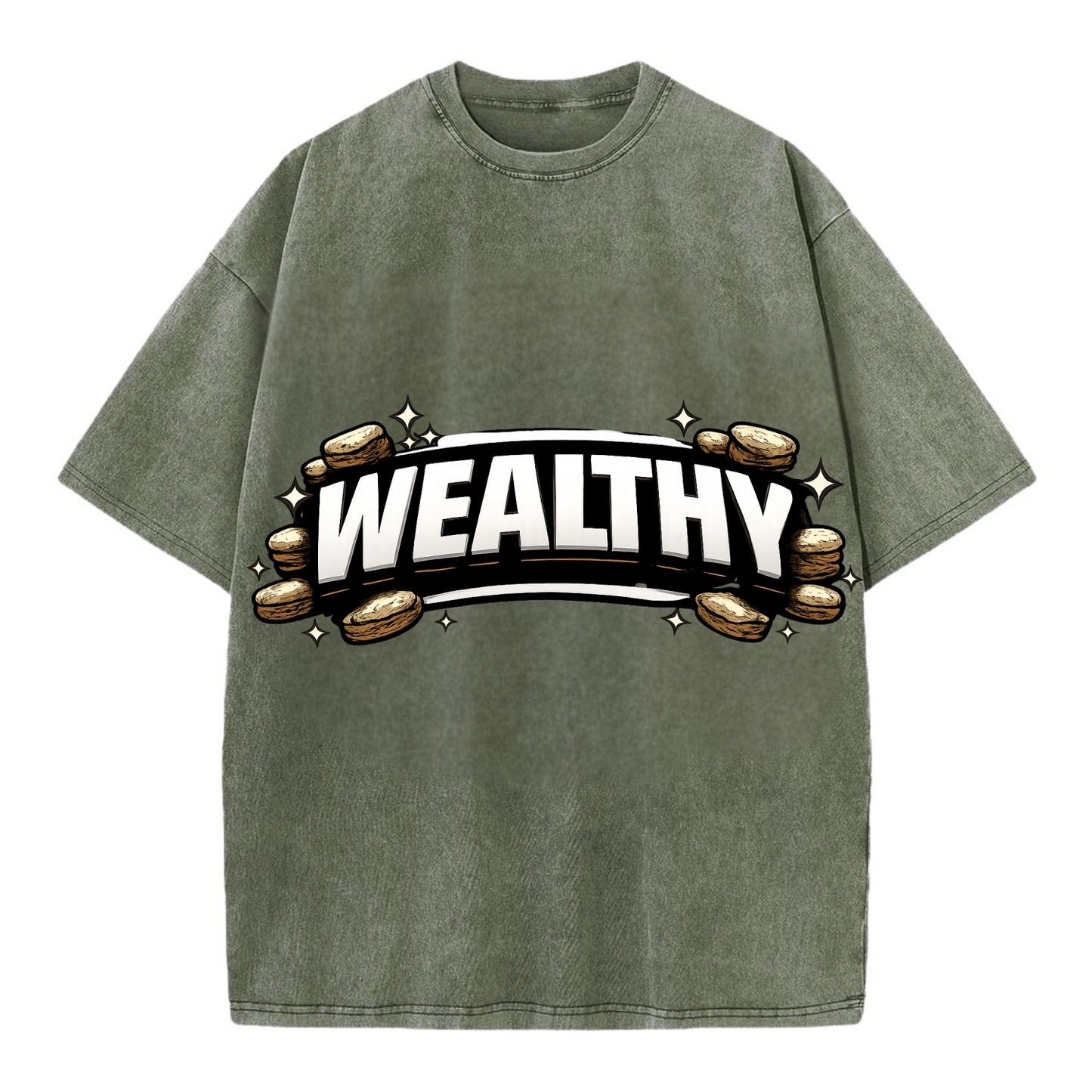 Bold typography design - "WEALTHY" - financial abundance, rich life - Vintage T-shirt - Army Green