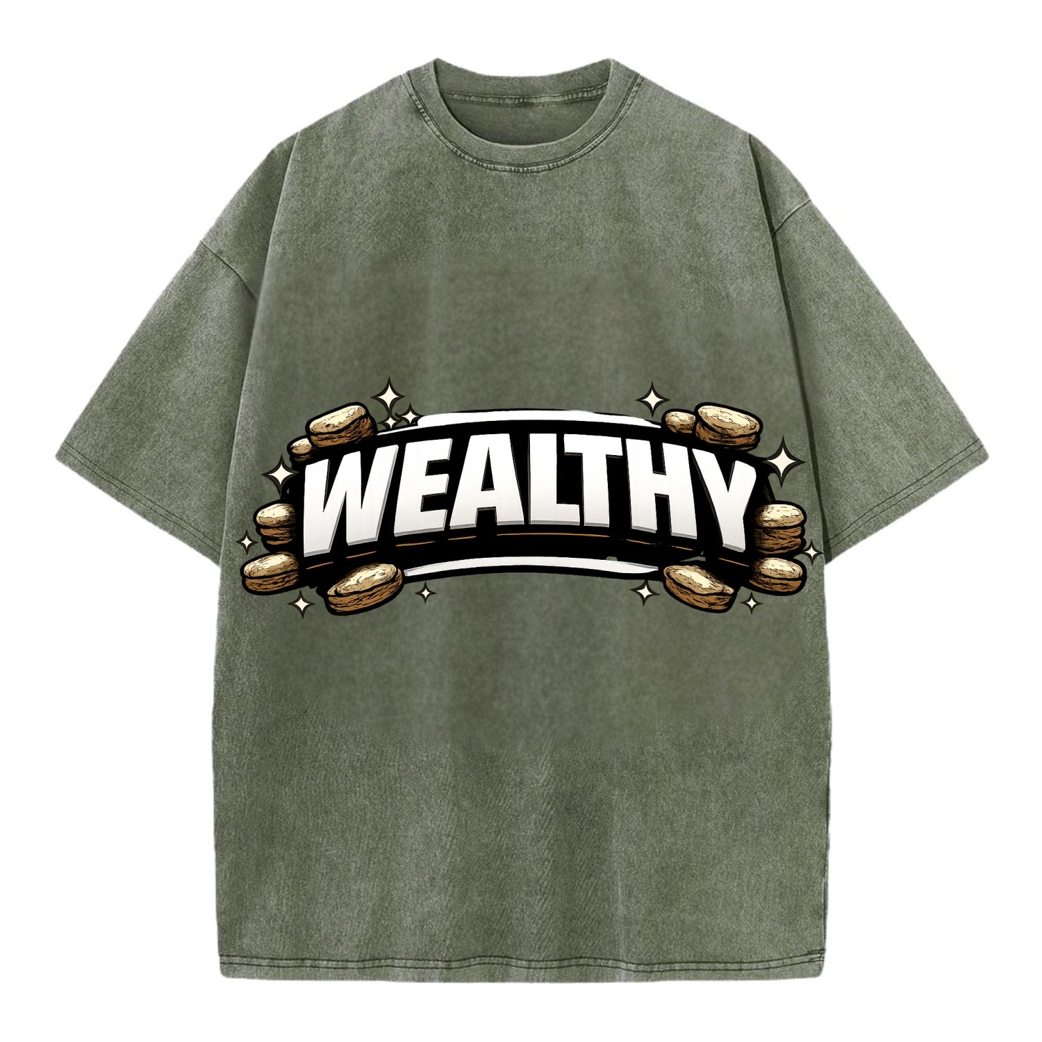 Bold typography design - "WEALTHY" - financial abundance, rich life - Vintage T-shirt - Army Green
