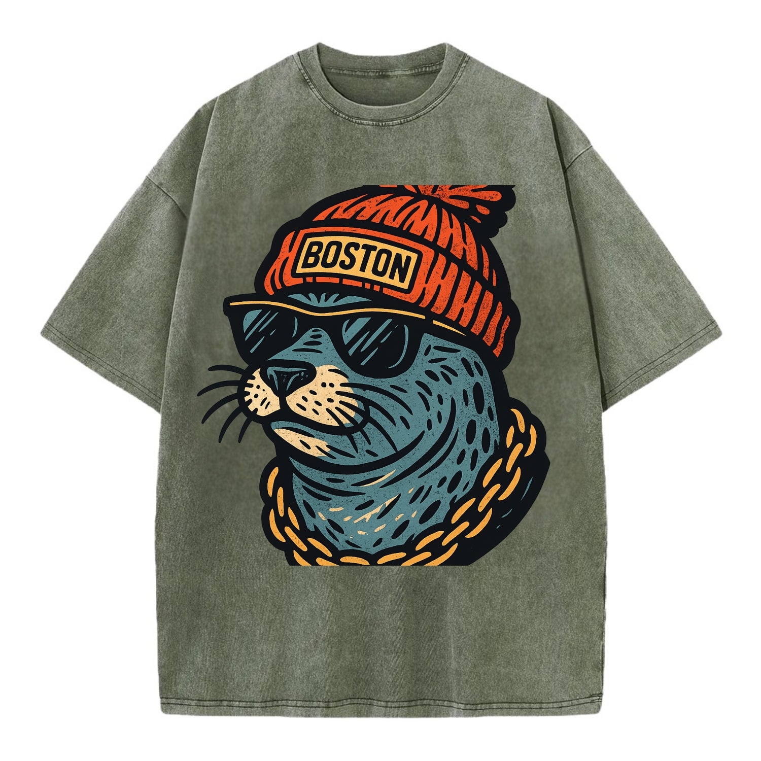 Boston Harbor Seal wearing Boston beanie with pom pom and wayfarer sunglasses - Vintage T-shirt - Army Green