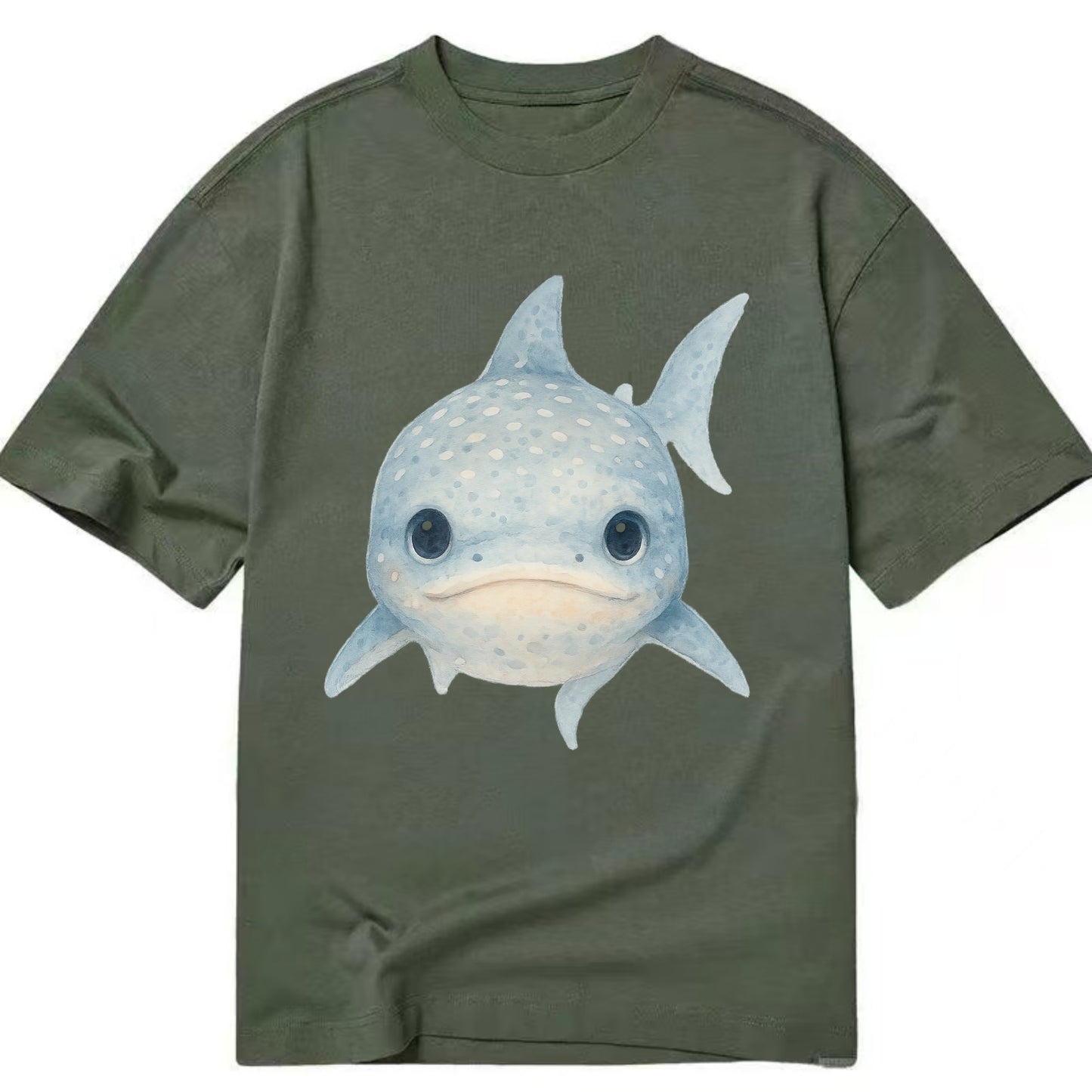 Baby Whale Shark - spotted blue-gray, wide mouth closed, tiny eyes, front-facing, - Classic T-shirt - Army Green