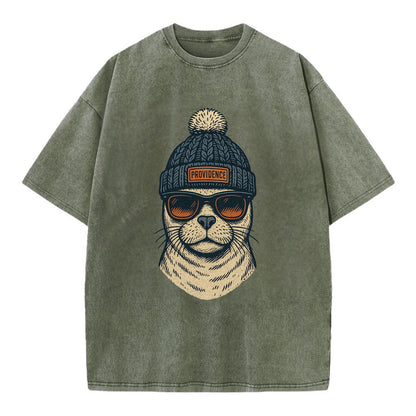 Rhode Island Harbor Seal wearing Providence beanie with pom pom and wayfarer - Vintage T-shirt - Army Green