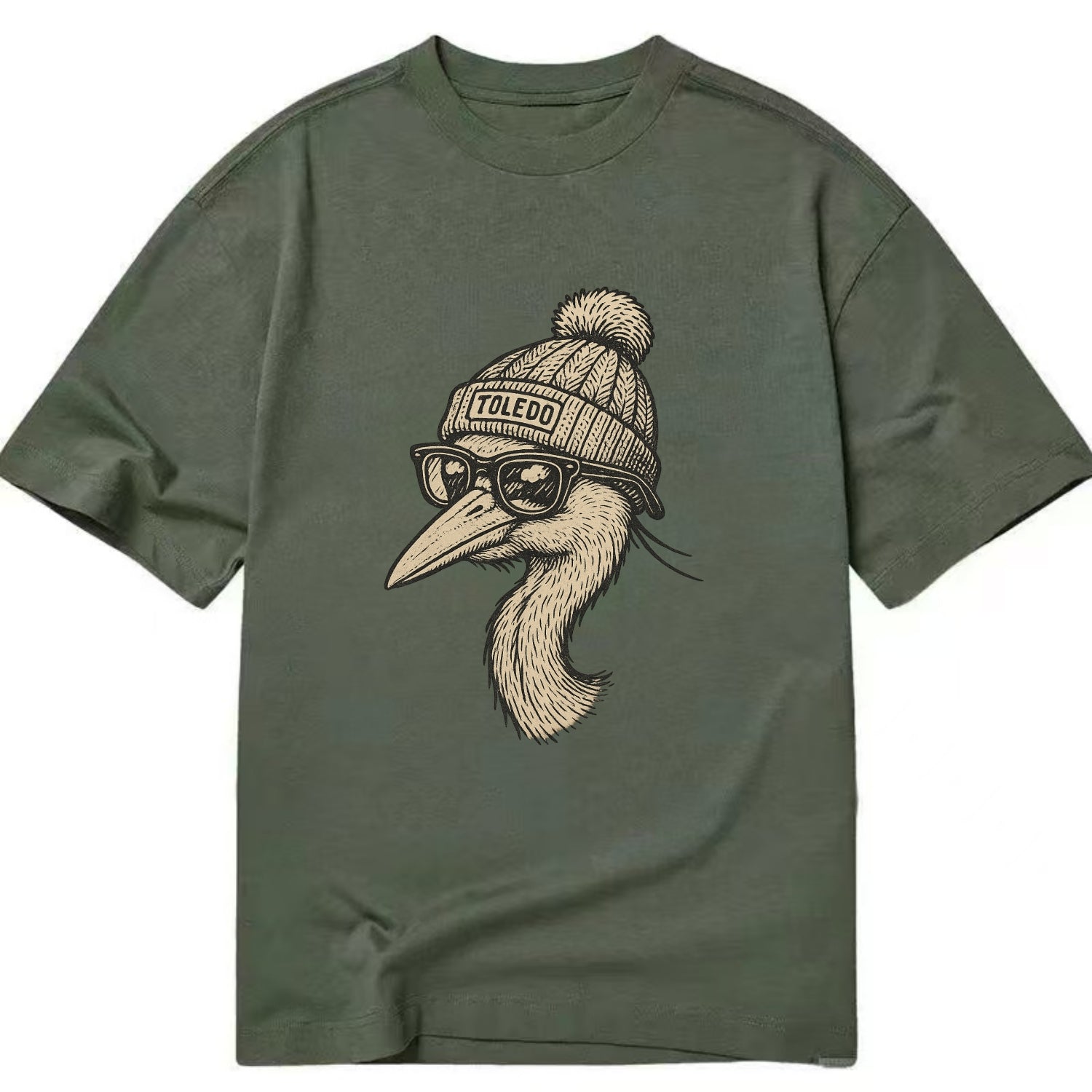 Toledo Great Blue Heron wearing Toledo beanie with pom pom and wayfarer sunglasses - Classic T-shirt - Army Green