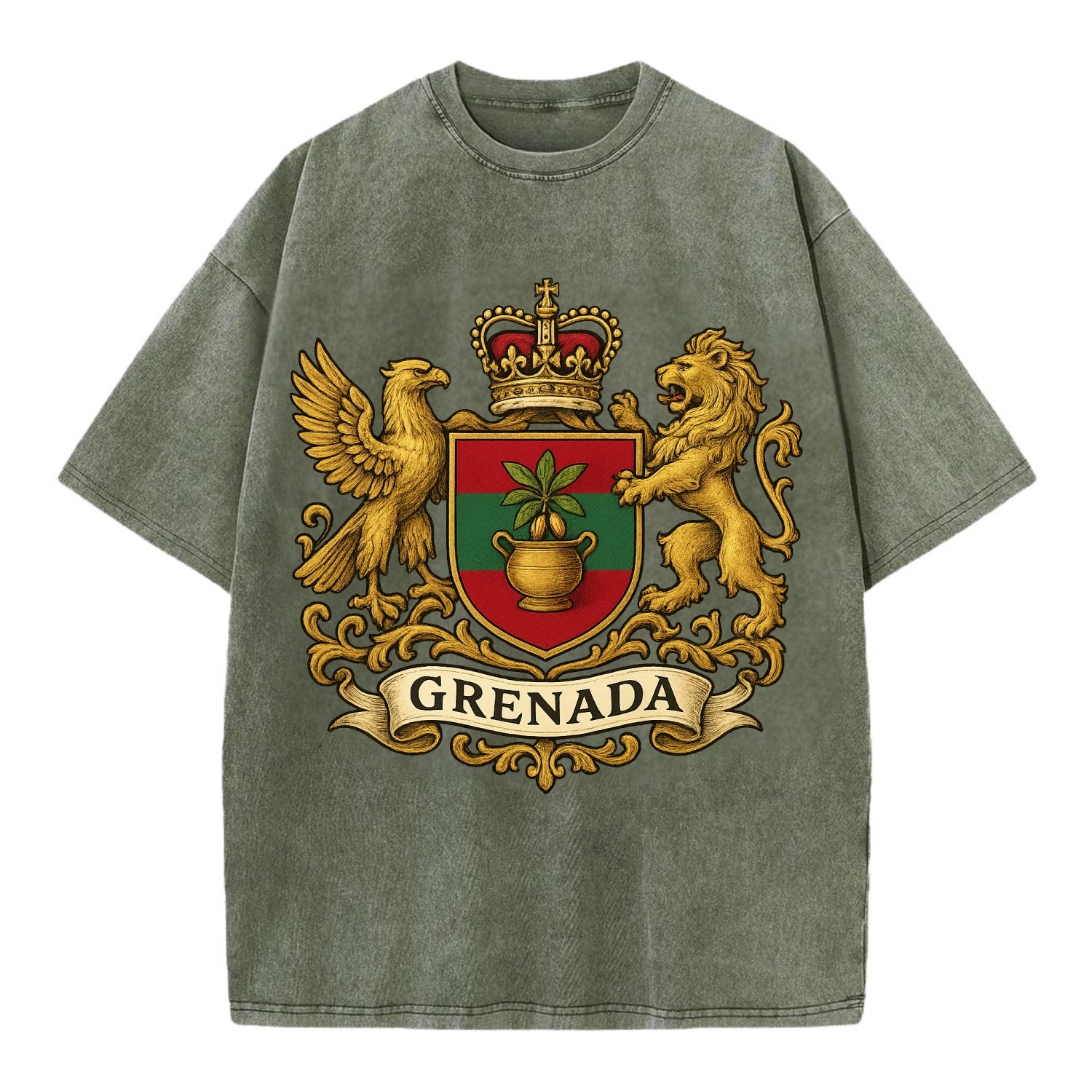 Grenada Heritage Badge  - Vintage T-shirt - Army Green