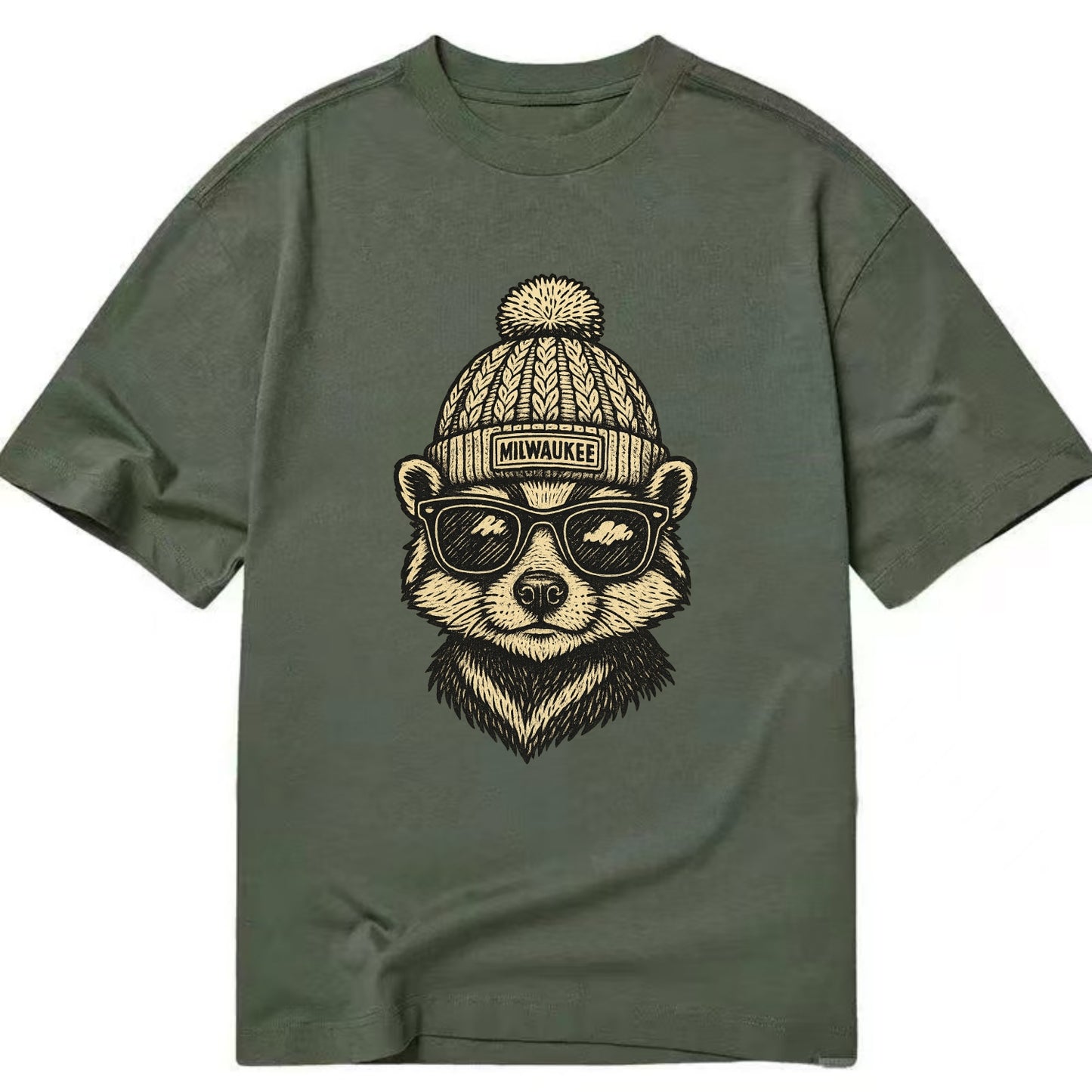 Wisconsin Badger wearing Milwaukee beanie with pom pom and wayfarer sunglasses - Classic T-shirt - Army Green