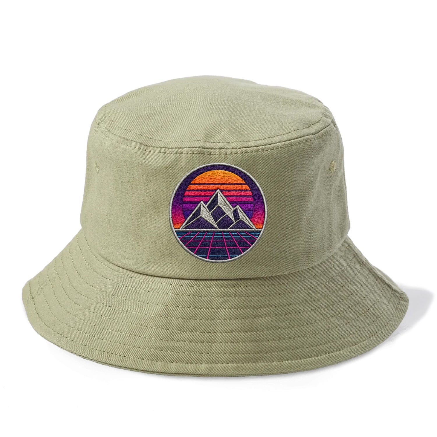 Retrowave Mountains - Bucket Hat - Army Green