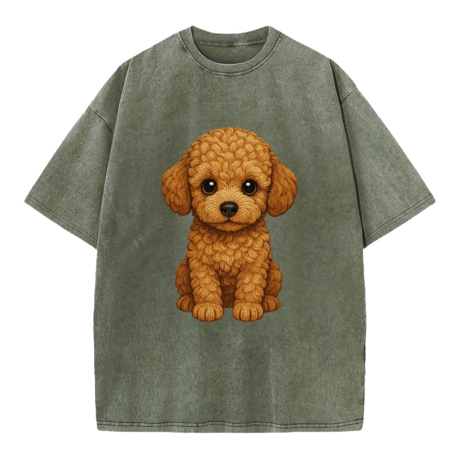 Baby Poodle Puppy - curly fluffy coat, intelligent eyes, elegant snout, - Vintage T-shirt - Army Green