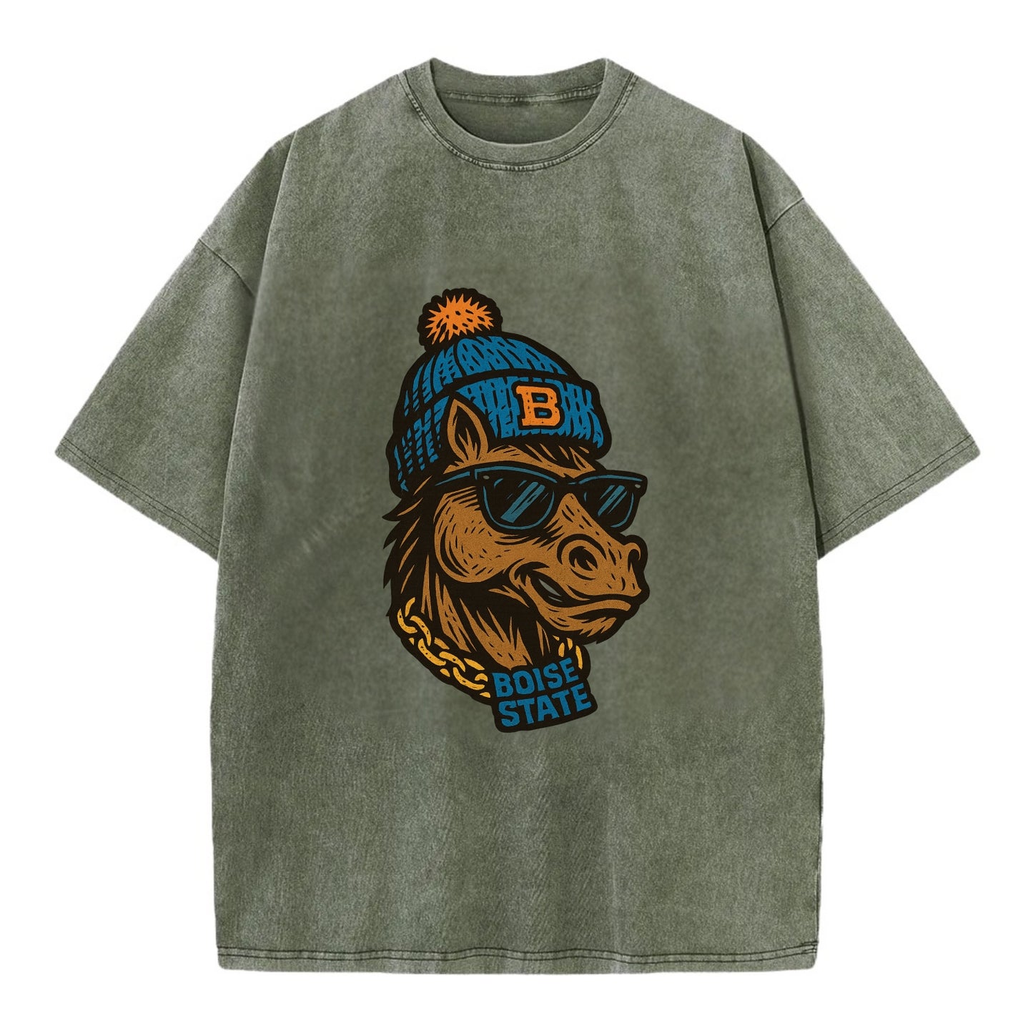 Boise Bronco wearing Boise State beanie with B patch - Vintage T-shirt - Army Green
