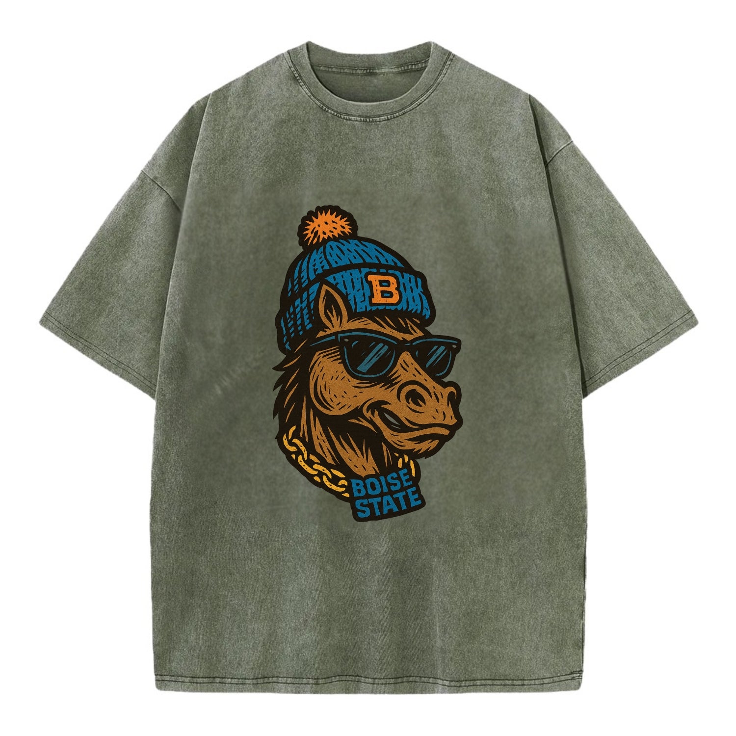 Boise Bronco wearing Boise State beanie with B patch - Vintage T-shirt - Army Green