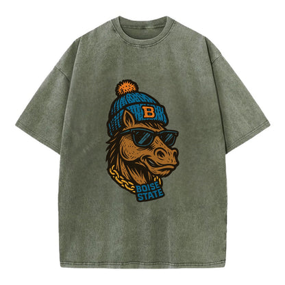Boise Bronco wearing Boise State beanie with B patch - Vintage T-shirt - Army Green