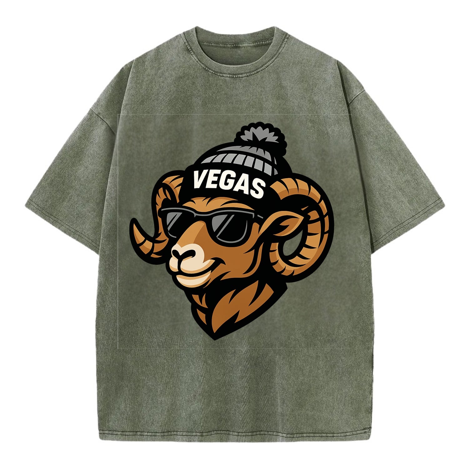 Vegas Desert Bighorn wearing Raiders silver and black beanie with pom pom and - Vintage T-shirt - Army Green