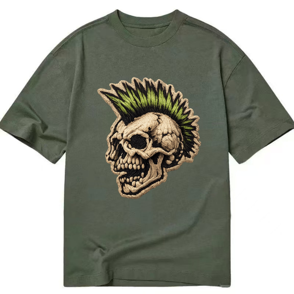 MOHAWK SKULL - punk skull with mohawk in neon green and black , punk rock - Classic T-shirt - Army Green