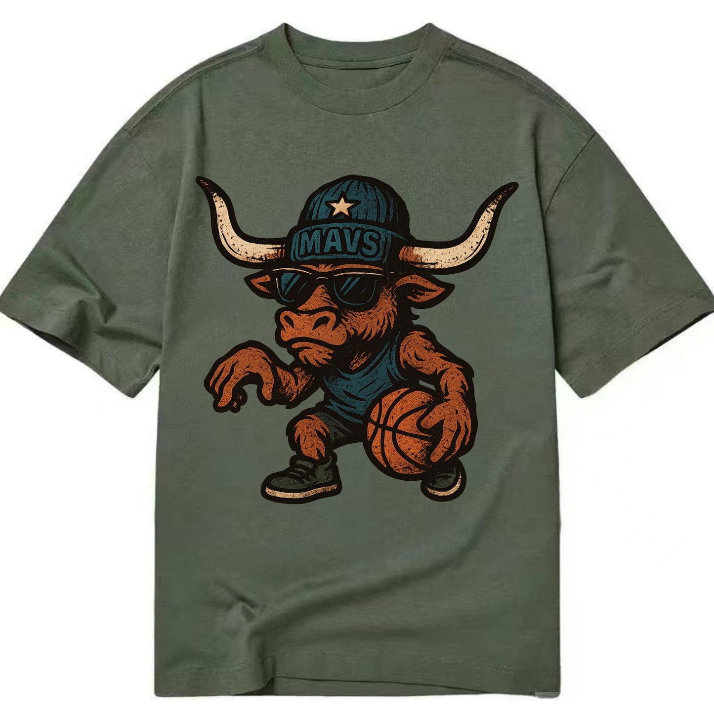 Texas Longhorn wearing Mavs beanie with lone star patch and wayfarer sunglasses - Classic T-shirt - Army Green