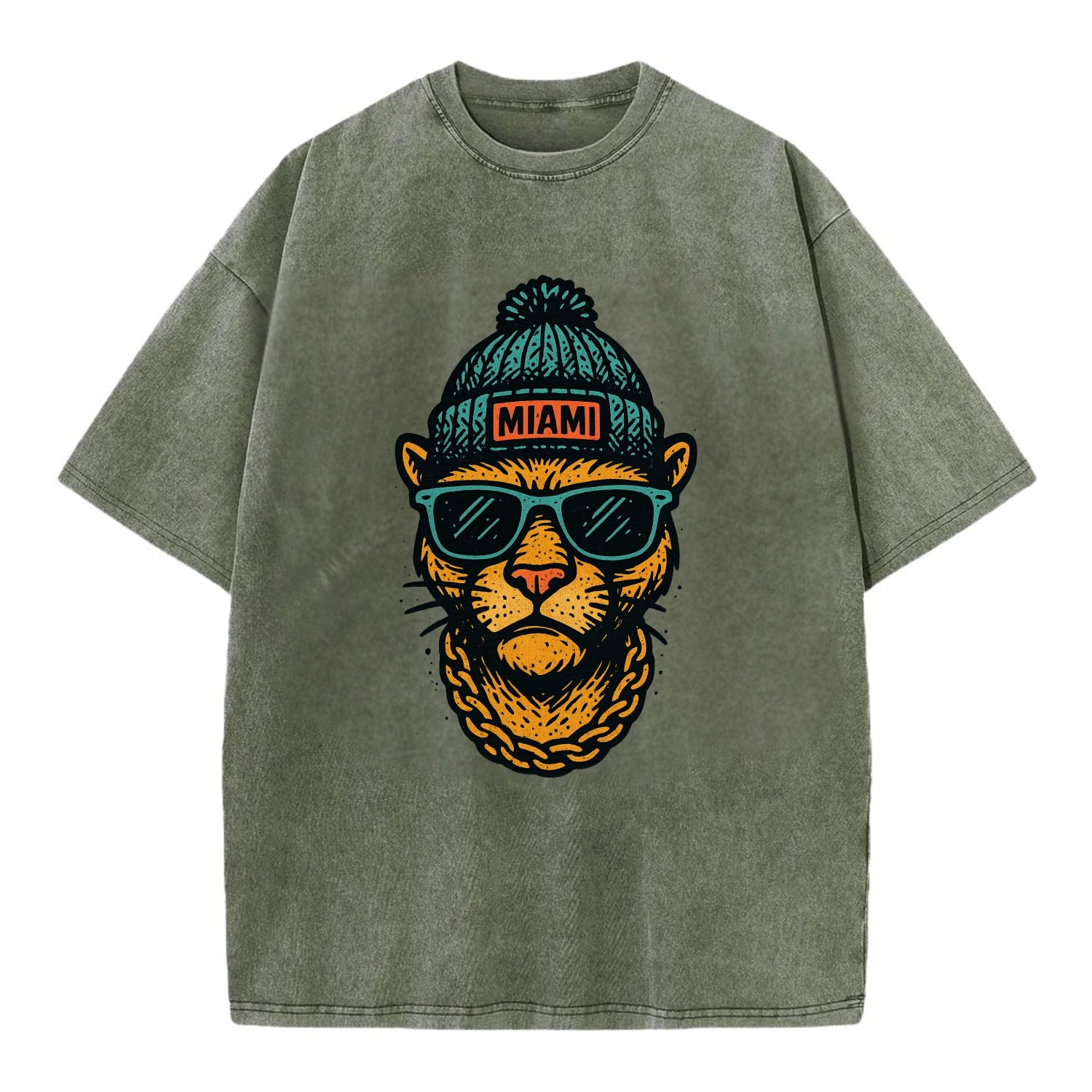 Florida Panther wearing Miami beanie with pom pom and wayfarer sunglasses - Vintage T-shirt - Army Green
