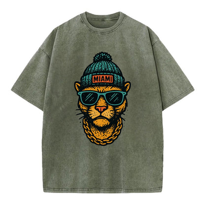Florida Panther wearing Miami beanie with pom pom and wayfarer sunglasses - Vintage T-shirt - Army Green