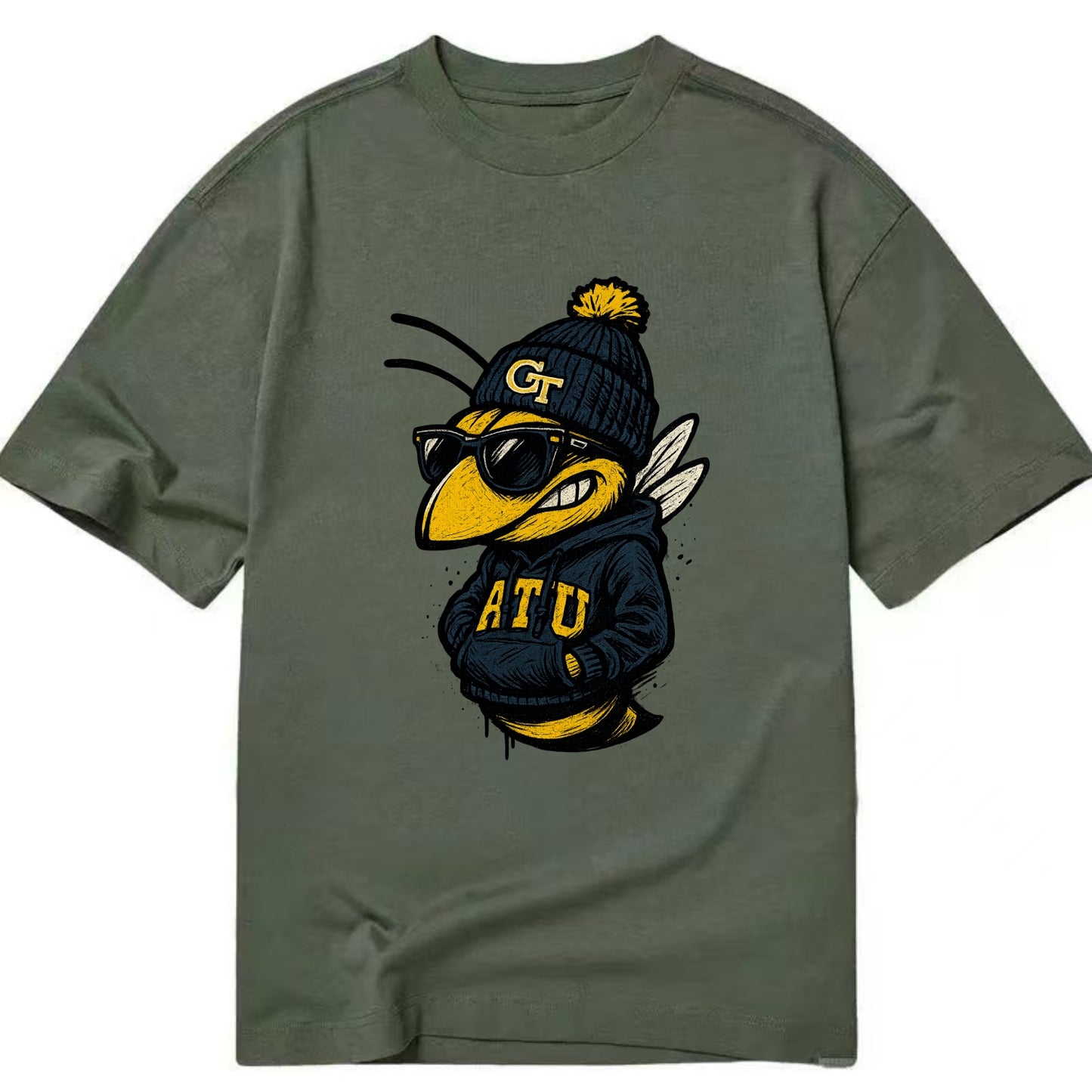 Atlanta Yellow Jacket wearing Georgia Tech beanie with GT patch - Classic T-shirt - Army Green