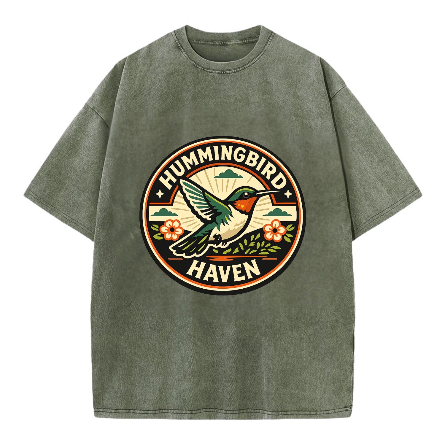 Hummingbird Sanctuary Emblem - Vintage T-shirt - Army Green