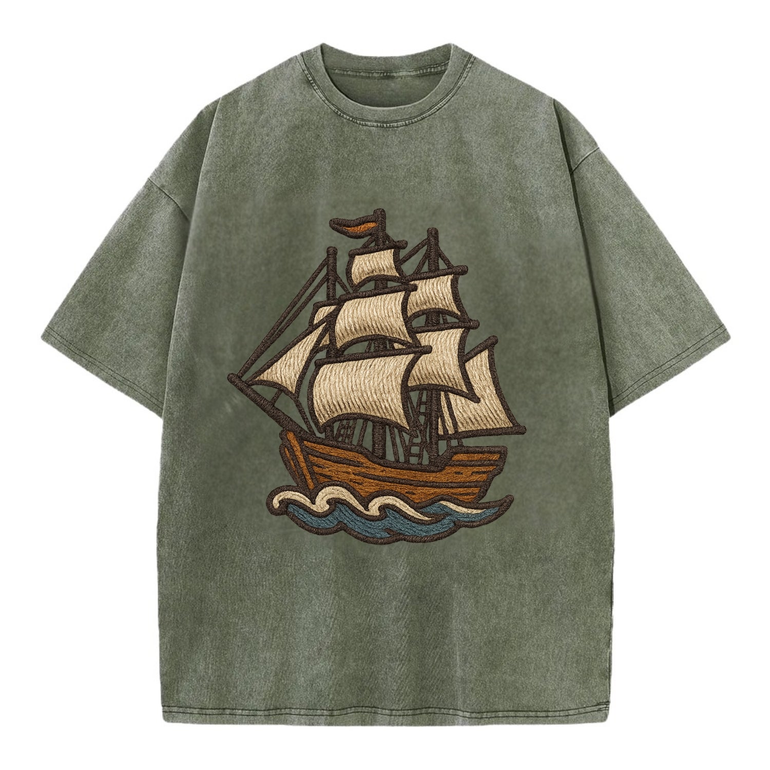 Sailing Ship  - Vintage T-shirt - Army Green