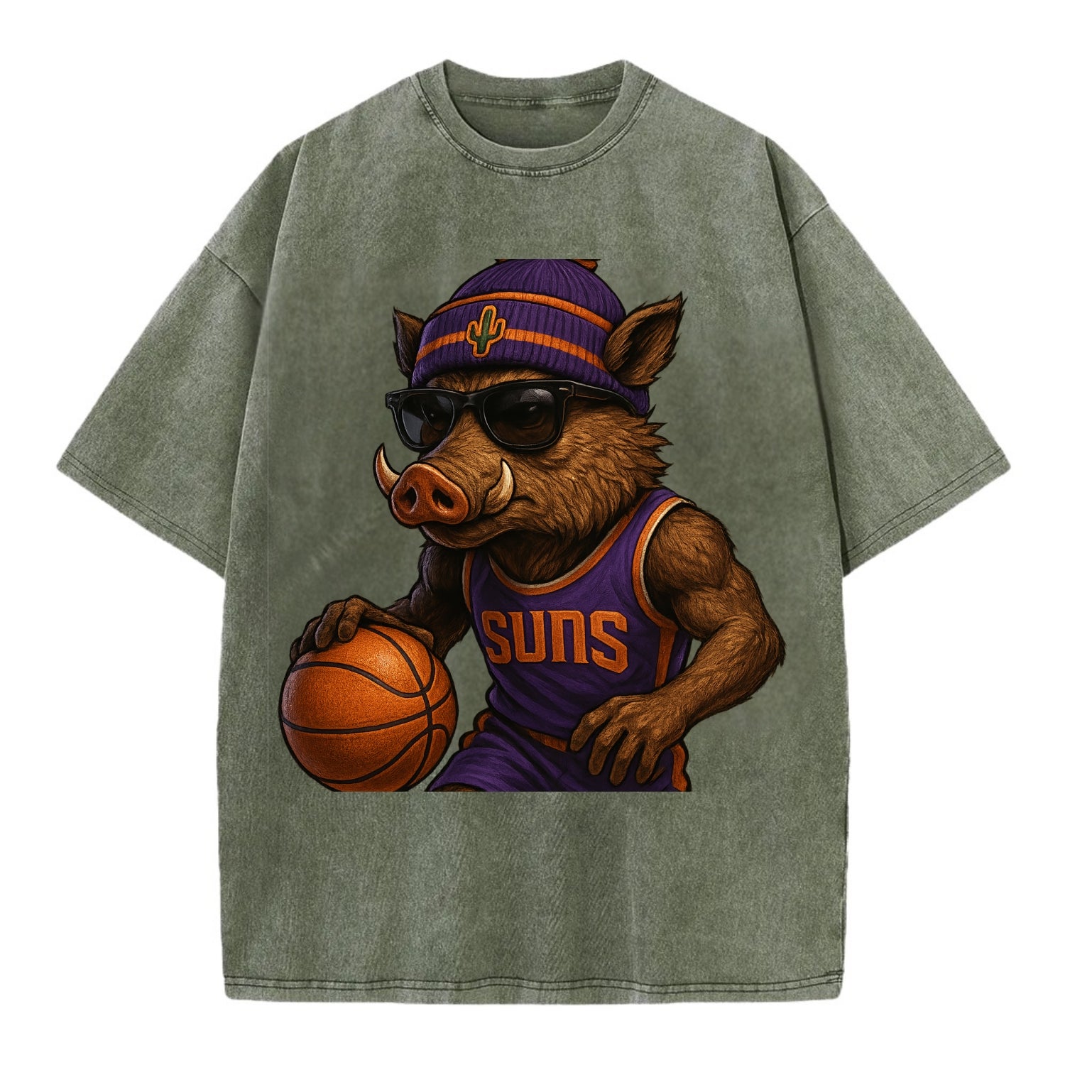 Phoenix Javelina wearing Suns beanie with cactus patch and wayfarer sunglasses - Vintage T-shirt - Army Green