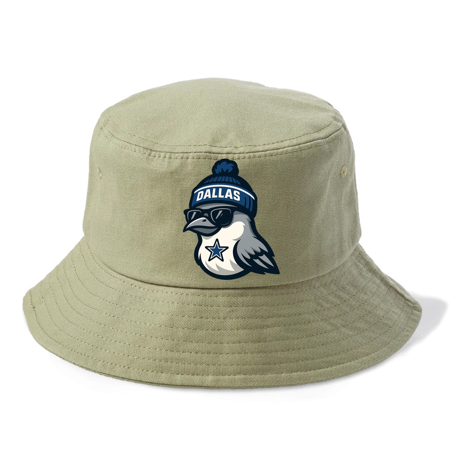 Dallas Mockingbird wearing Cowboys beanie with sheriff star and wayfarer sunglasses - Bucket Hat - Army Green