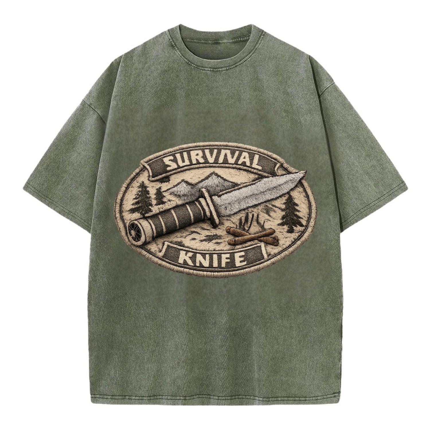 SURVIVAL KNIFE - fixed blade with compass in silver and black , bushcraft - Vintage T-shirt - Army Green