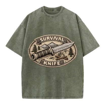 SURVIVAL KNIFE - fixed blade with compass in silver and black , bushcraft - Vintage T-shirt - Army Green