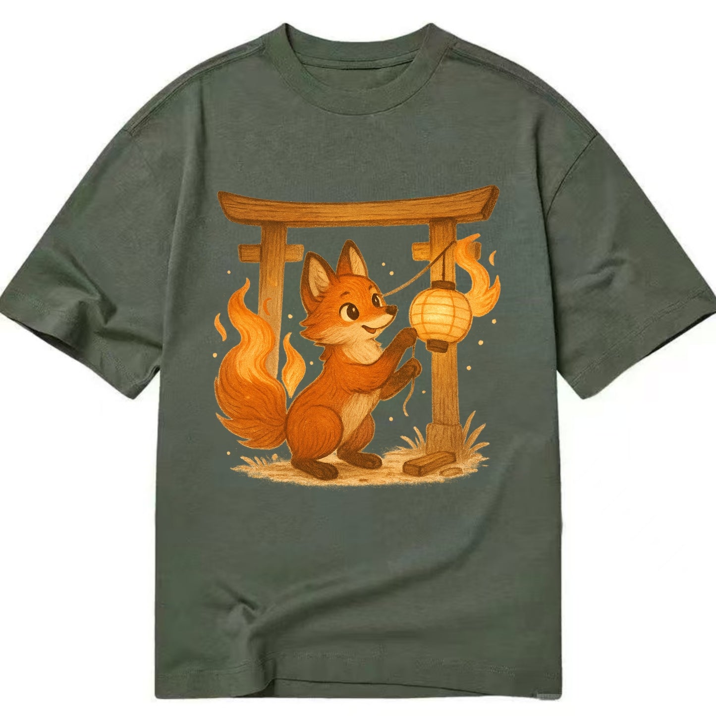Foxfire kitsune stringing lanterns along a torii gate with tails of living flame - Classic T-shirt - Army Green