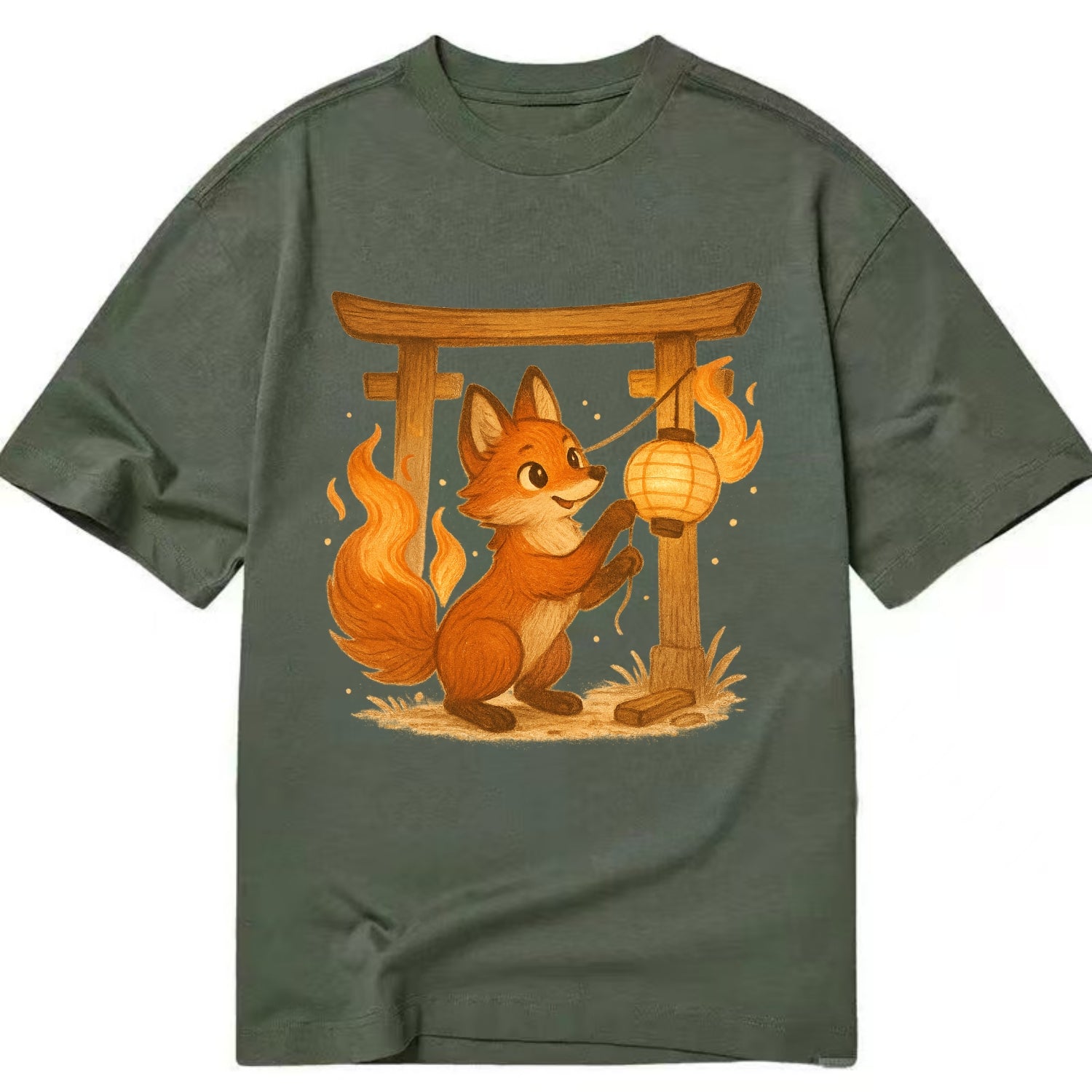 Foxfire kitsune stringing lanterns along a torii gate with tails of living flame - Classic T-shirt - Army Green