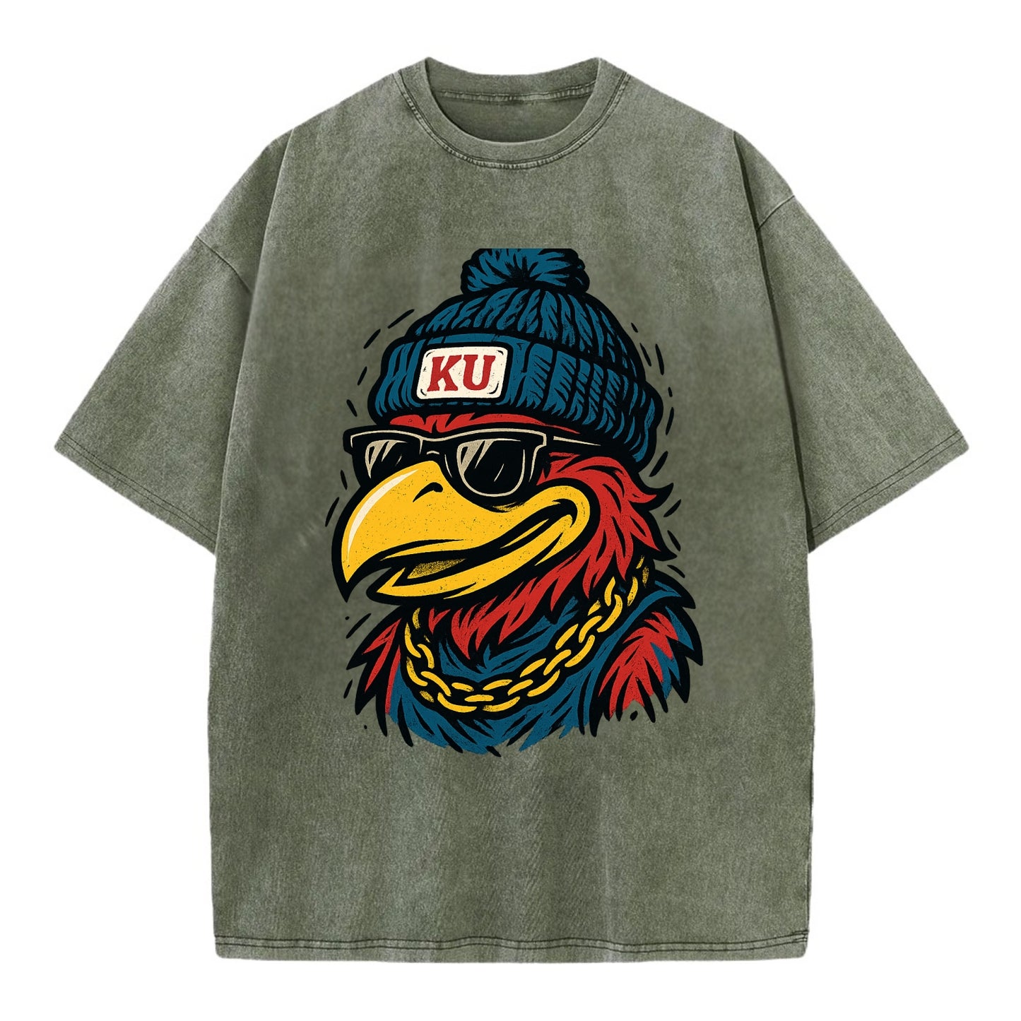 Lawrence Jayhawk wearing Kansas beanie with KU patch - Vintage T-shirt - Army Green