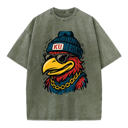 Lawrence Jayhawk wearing Kansas beanie with KU patch - Vintage T-shirt - Army Green