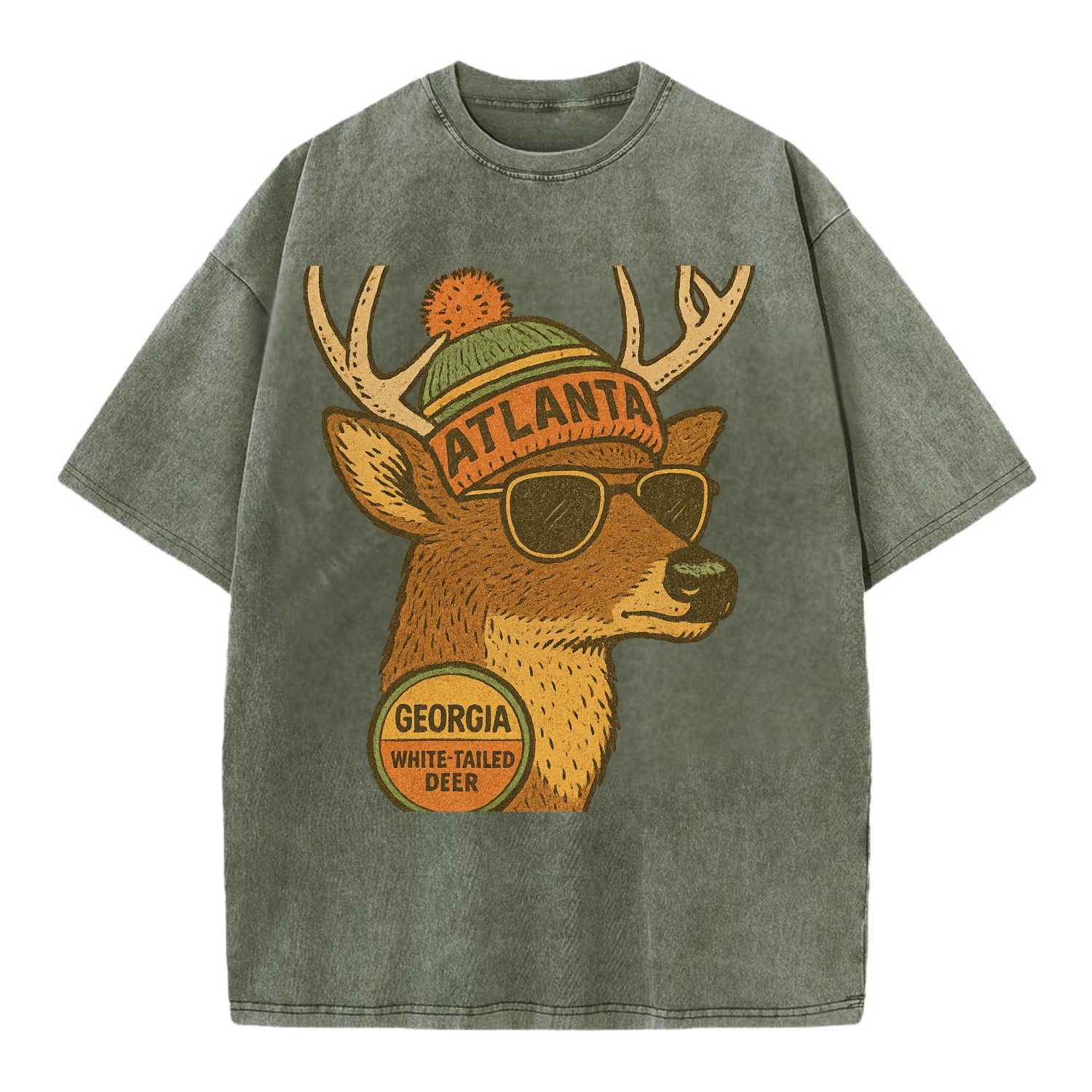 Georgia White-tailed Deer wearing Atlanta beanie with pom pom and wayfarer - Vintage T-shirt - Army Green