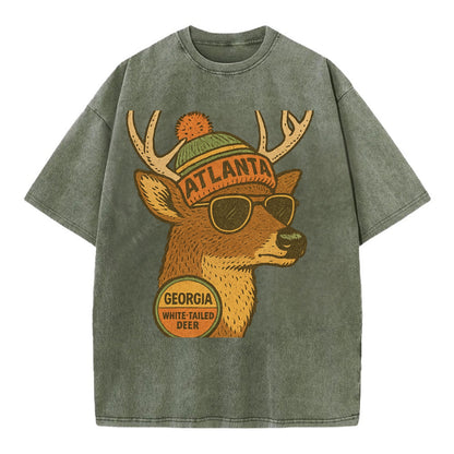 Georgia White-tailed Deer wearing Atlanta beanie with pom pom and wayfarer - Vintage T-shirt - Army Green
