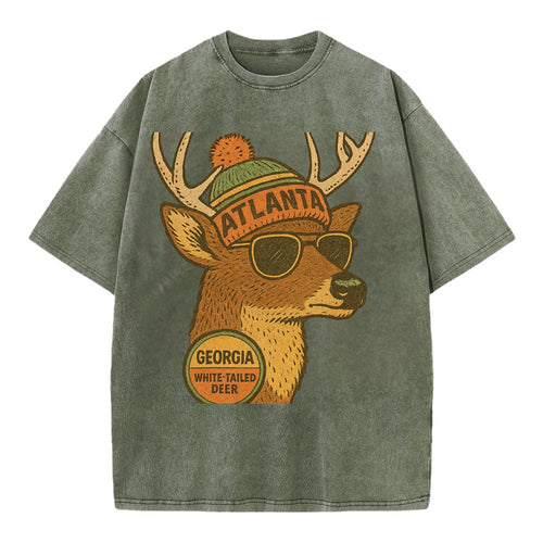 Georgia White-tailed Deer wearing Atlanta beanie with pom pom and wayfarer - Vintage T-shirt