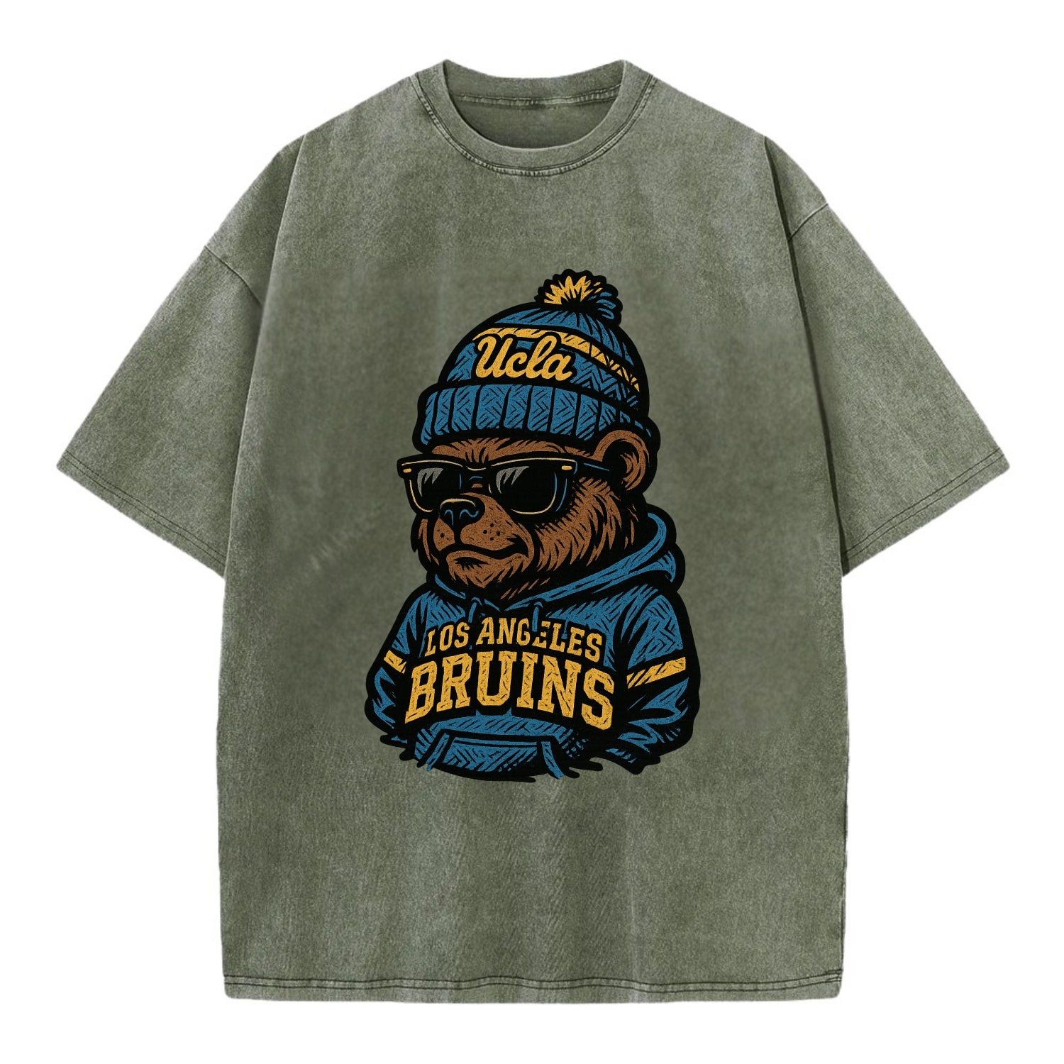 Los Angeles Bruin wearing UCLA beanie with script patch - Vintage T-shirt - Army Green