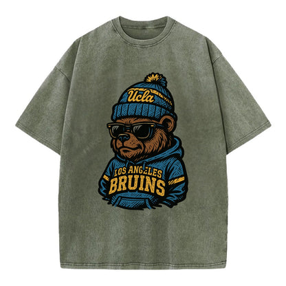 Los Angeles Bruin wearing UCLA beanie with script patch - Vintage T-shirt - Army Green