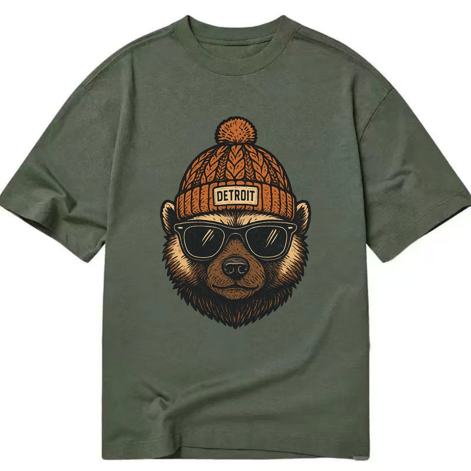 Detroit Wolverine wearing Detroit beanie with pom pom and wayfarer sunglasses - Classic T-shirt - Army Green