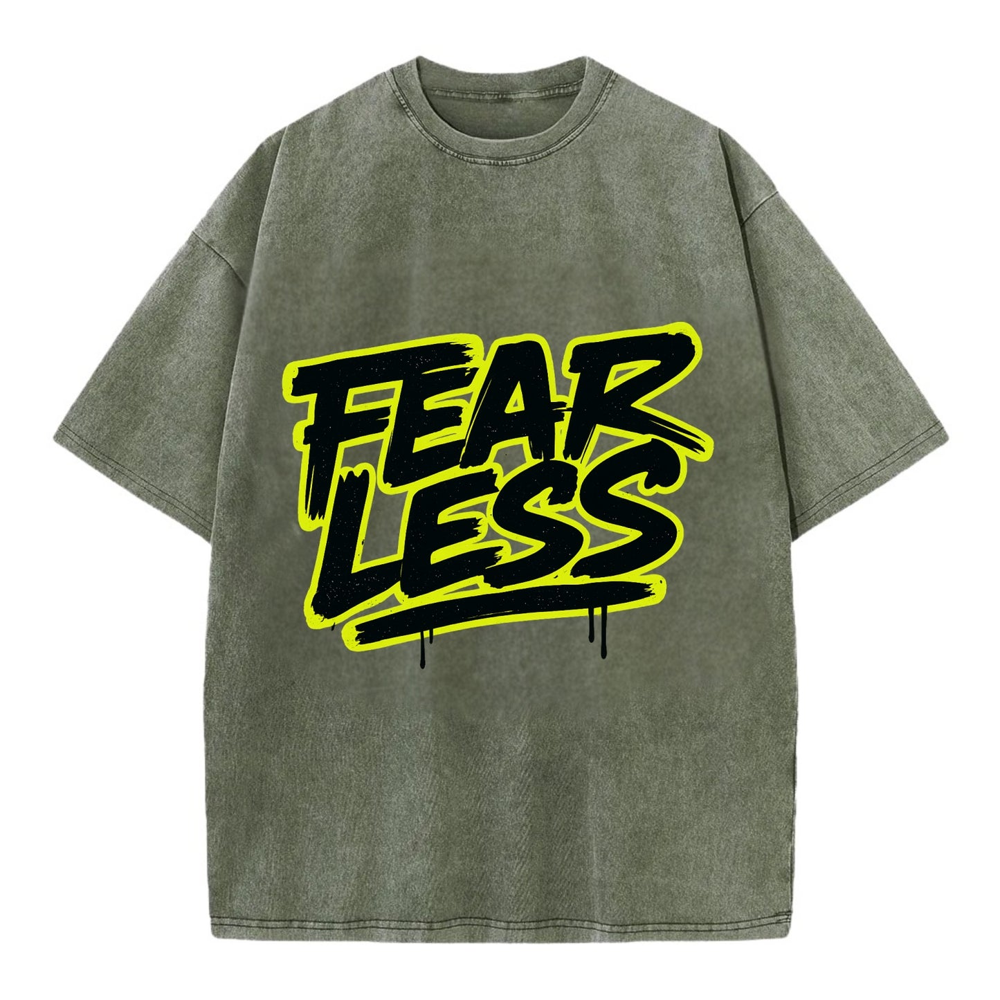 Bold typography design - "FEARLESS" - courage, bravery, facing challenges head on - Vintage T-shirt - Army Green