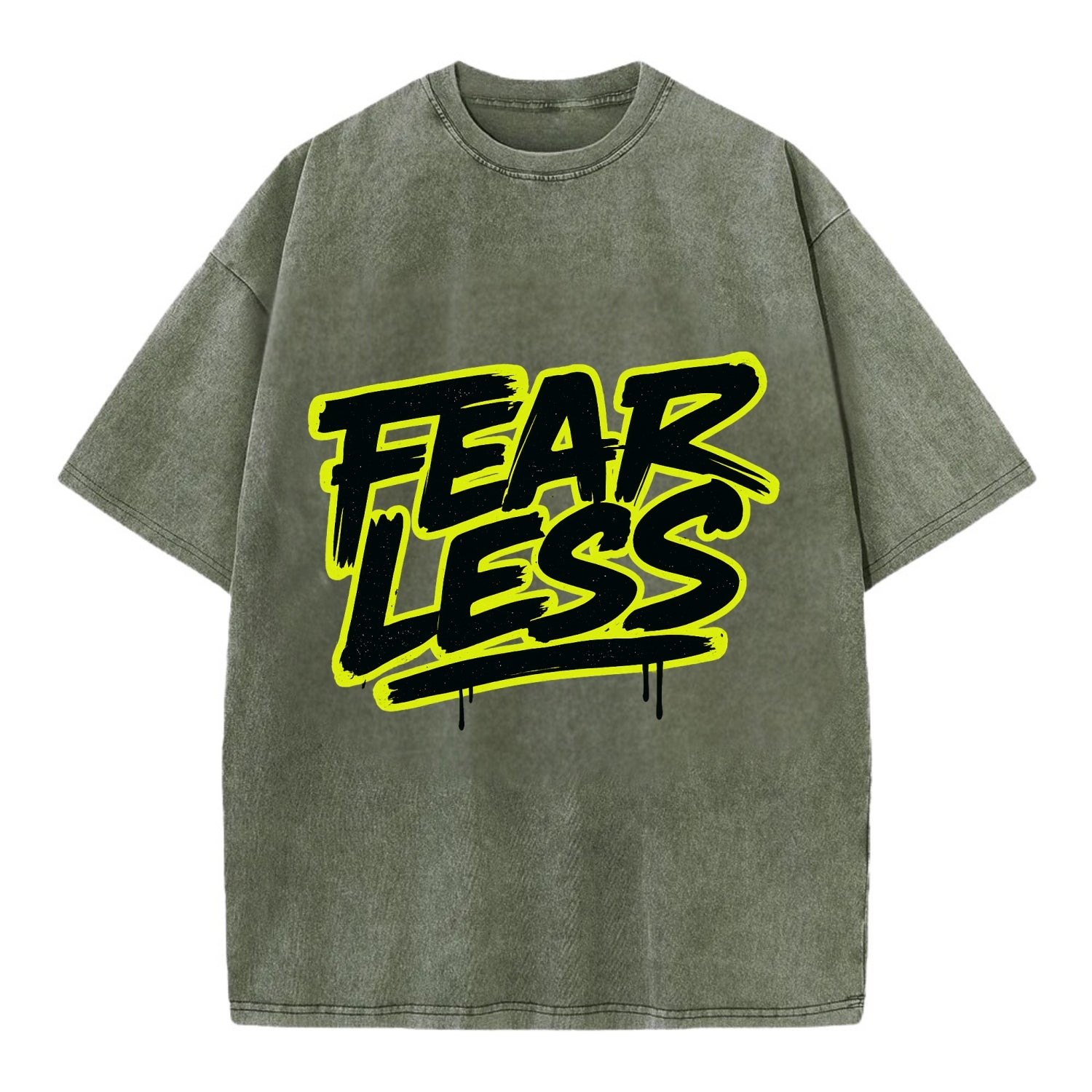 Bold typography design - "FEARLESS" - courage, bravery, facing challenges head on - Vintage T-shirt - Army Green