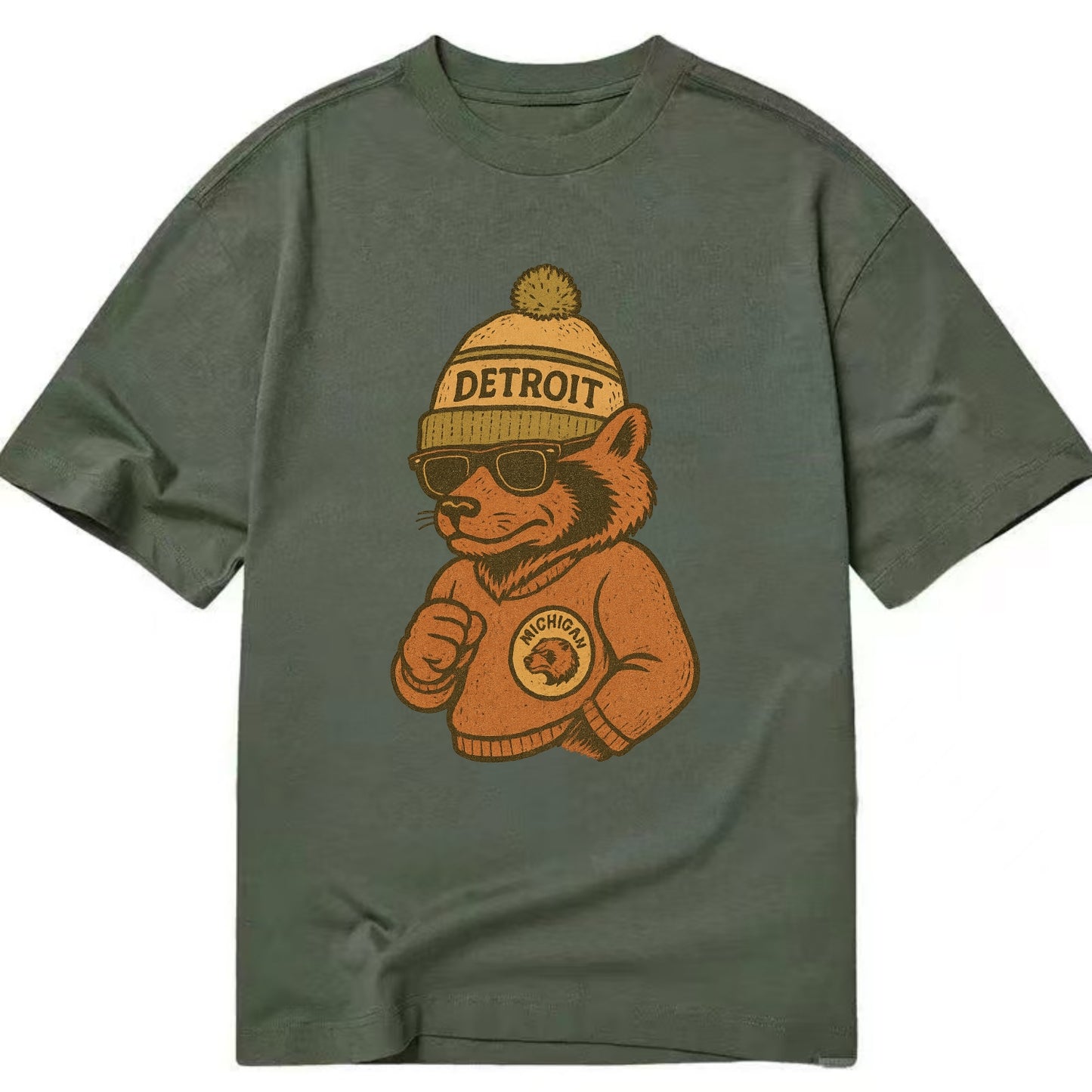 Michigan Wolverine wearing Detroit beanie with pom pom and wayfarer sunglasses - Classic T-shirt - Army Green