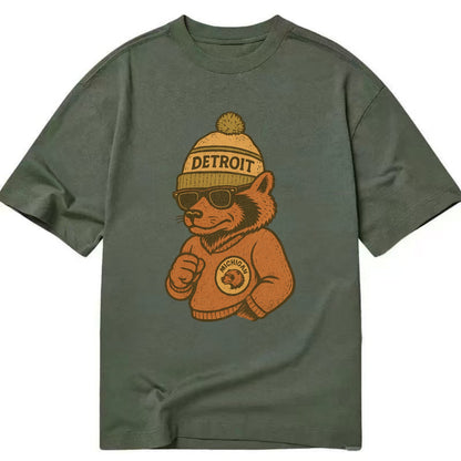 Michigan Wolverine wearing Detroit beanie with pom pom and wayfarer sunglasses - Classic T-shirt - Army Green