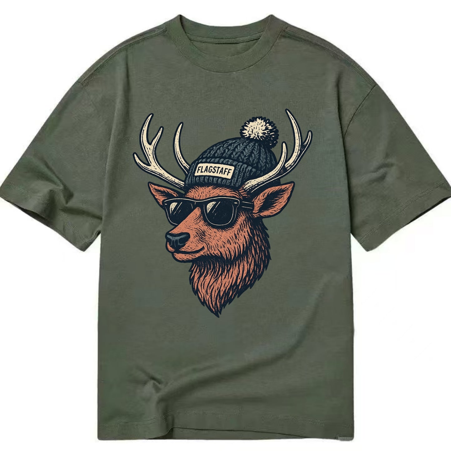 Flagstaff Elk wearing Flagstaff beanie with pom pom and wayfarer sunglasses - Classic T-shirt - Army Green