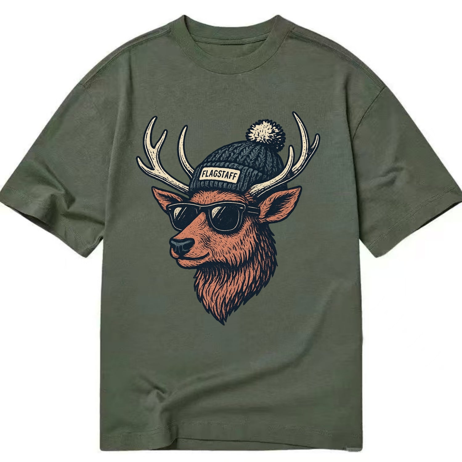 Flagstaff Elk wearing Flagstaff beanie with pom pom and wayfarer sunglasses - Classic T-shirt - Army Green