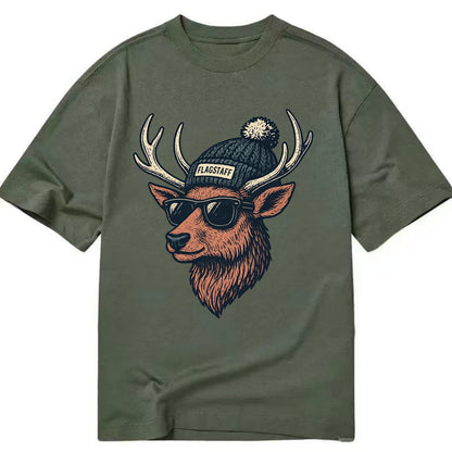 Flagstaff Elk wearing Flagstaff beanie with pom pom and wayfarer sunglasses - Classic T-shirt - Army Green