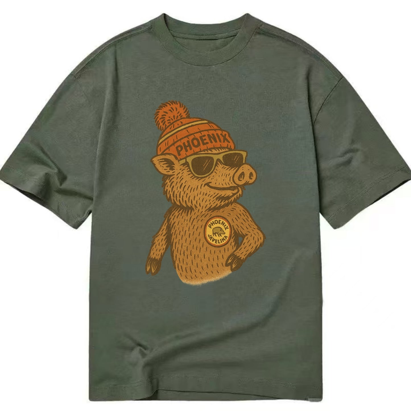 Phoenix Javelina wearing Phoenix beanie with pom pom and wayfarer sunglasses - Classic T-shirt - Army Green