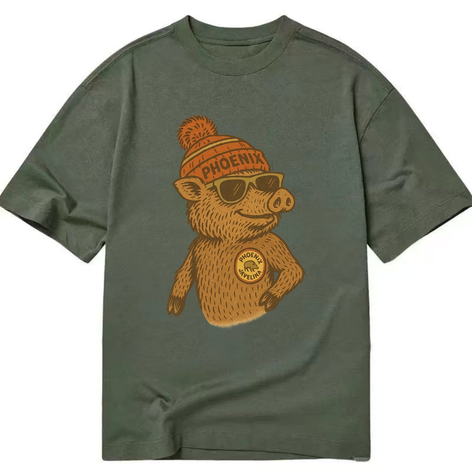 Phoenix Javelina wearing Phoenix beanie with pom pom and wayfarer sunglasses - Classic T-shirt - Army Green