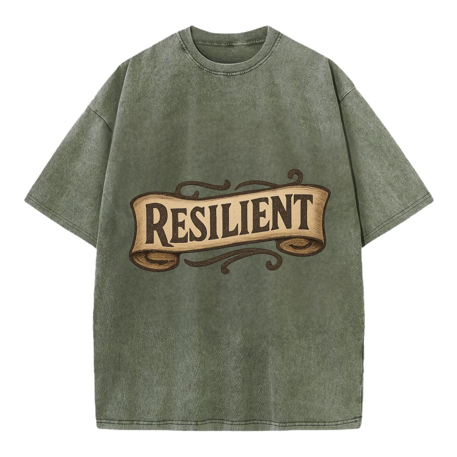 Bold typography design - "RESILIENT" - bouncing back, unbreakable spirit - Vintage T-shirt - Army Green