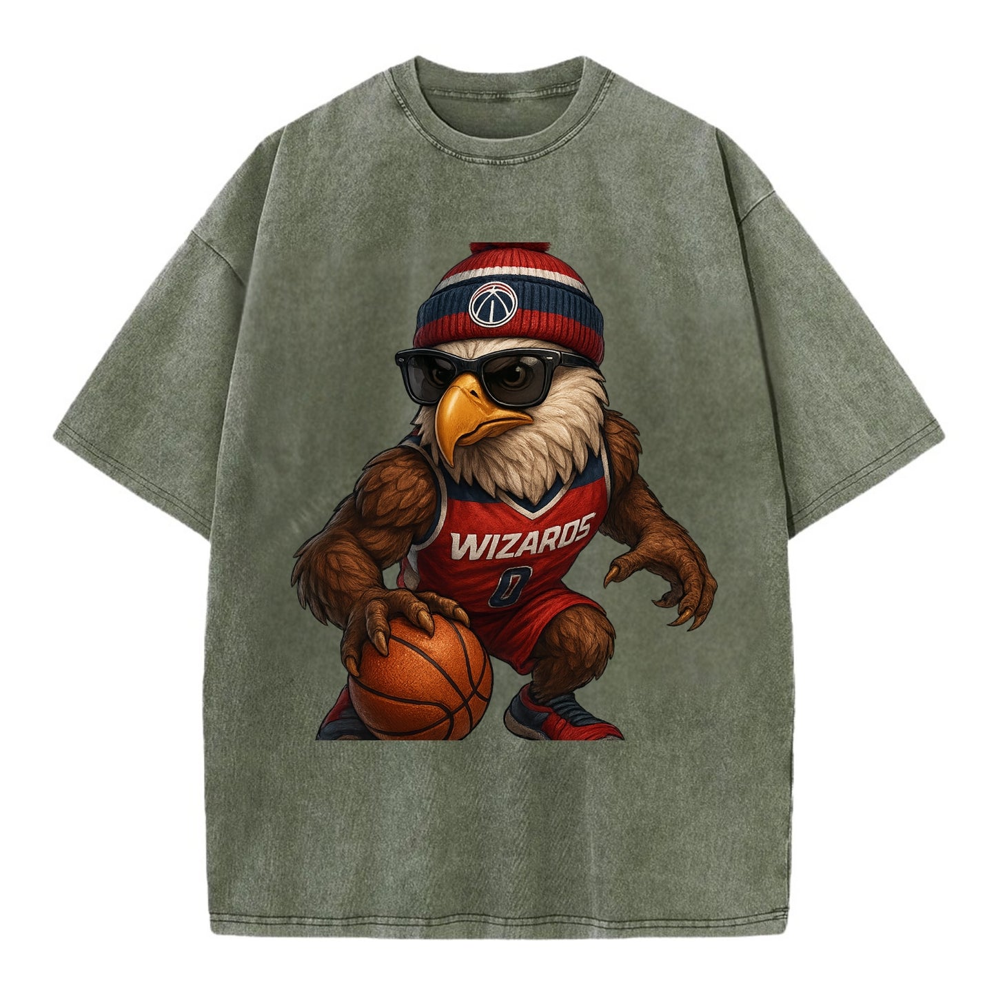 DC Eagle wearing Wizards red white and blue beanie with monument patch and - Vintage T-shirt - Army Green