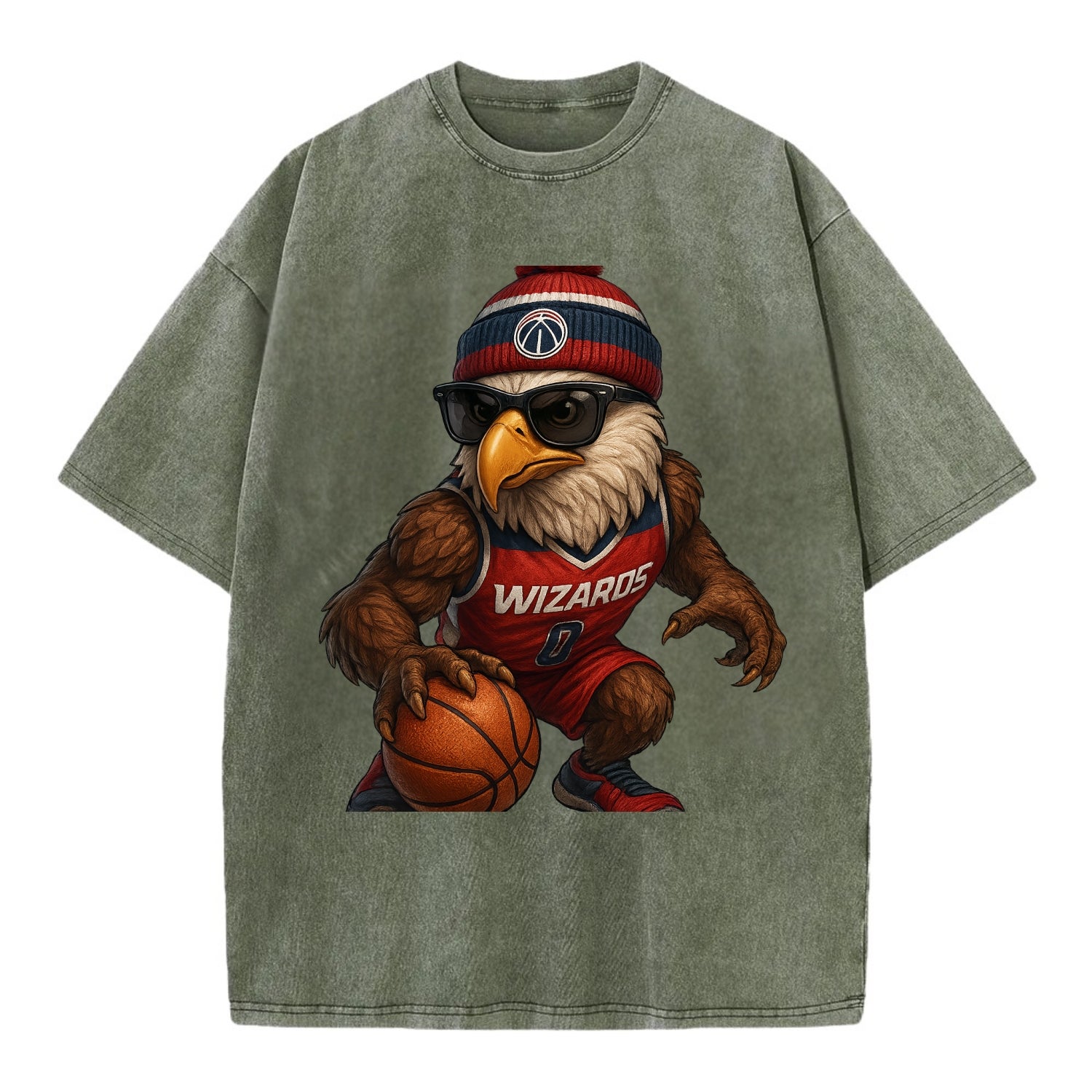 DC Eagle wearing Wizards red white and blue beanie with monument patch and - Vintage T-shirt - Army Green